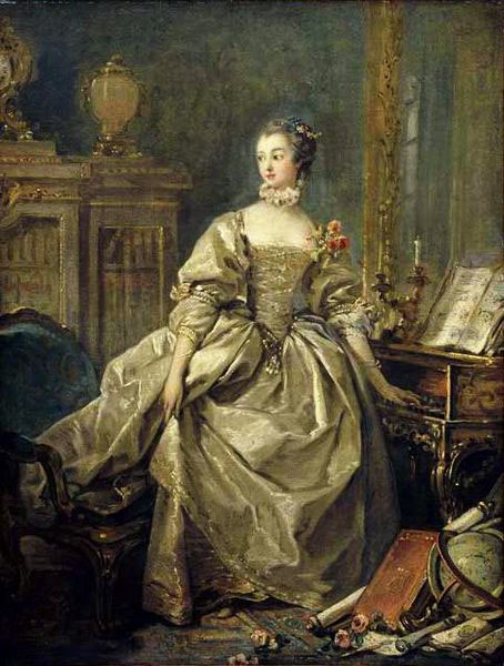 Madame de Pompadour, la main sur le clavier du clavecin